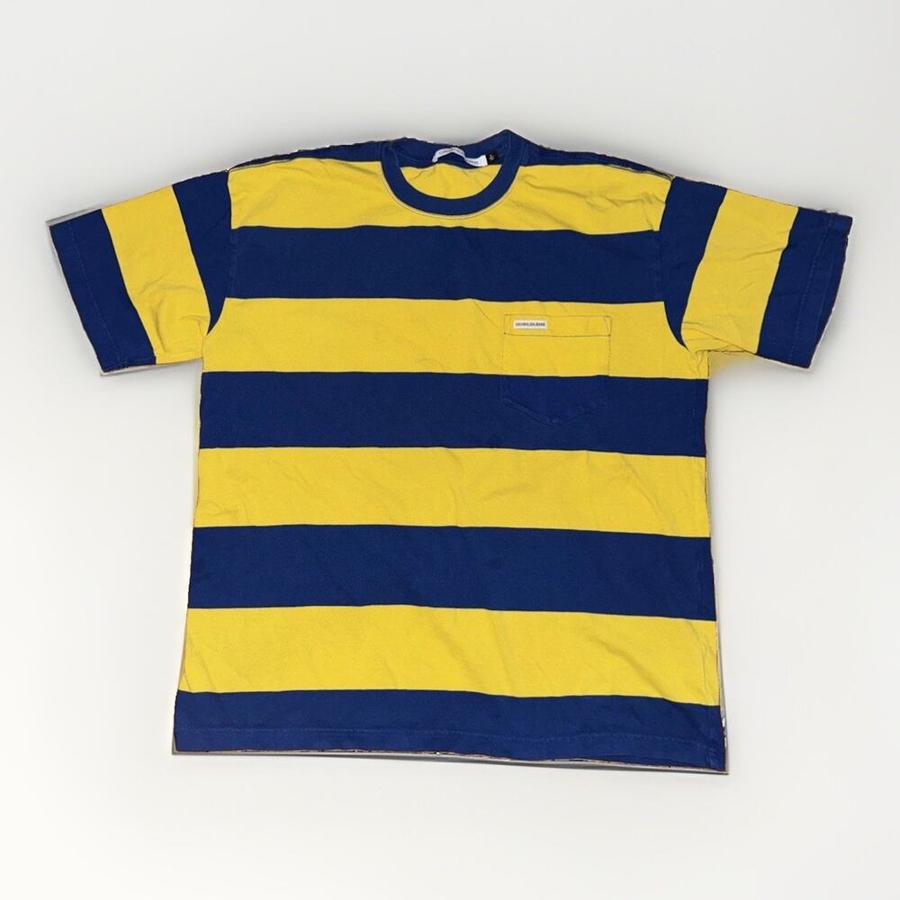 Calvin Klein Jeans Striped T-Shirt Medium Blue Yellow 23x28